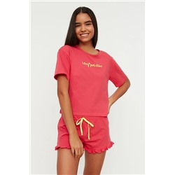 TRENDYOLMİLLA Fuşya Nakışlı Pamuklu T-shirt-Şort Örme Pijama Takımı THMSS20PT0165