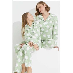 Siyah İnci Yeşil Civciv Desenli Düğmeli Örme Pijama Takım 7588