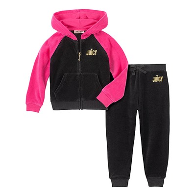 Black & Hot Pink 'Juicy' Velour Hoodie & Black Sweatpants - Infant, Toddler & Girls