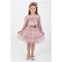 AHENGİM Kız Çocuk Elbise Taçlı Elbise Kemerli Elbise Çiçek Baskılı Tüllü Ak2202 1-2-10001116