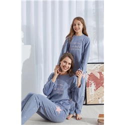 Siyah İnci mavi desenli Alt-Üst Polar Nakışlı Pijama Takım 23223013