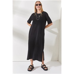 Olalook Kadın Siyah Yanı Yırtmaçlı Oversize Pamuk Elbise ELB-19001880