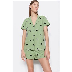 TRENDYOLMİLLA Yeşil Kalp Desenli Pamuklu Gömlek-Şort Örme Pijama Takımı THMSS21PT0756