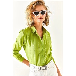 Olalook Kadın Fıstık Yeşili Dikiş Detaylı Flamlı Keten Gömlek GML-19001144