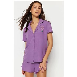 TRENDYOLMİLLA Mor Eğlenceli Nakışlı Gömlek-Şort Dokuma Pijama Takımı THMSS23PT00232