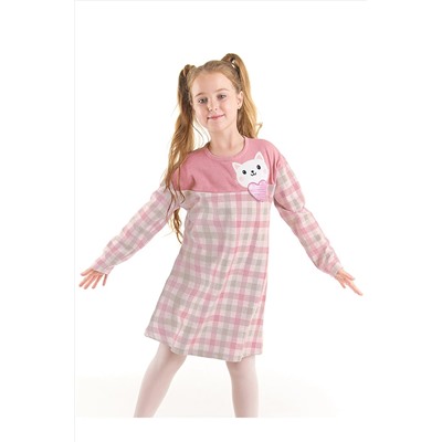 Denokids Kalpli Kedi Ekose Kız Çocuk Pembe Elbise CFF-22S1-075