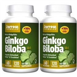 Jarrow Formulas, Ginkgo Biloba, 50:1, 60 мг, 2 бутылки, 120 вегетарианских капсул в каждой