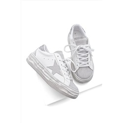 Marjin Kadın Sneaker Bağcıklı Pul Detay Kalın Taban Spor Ayakkabı Motez Beyaz 321012111-1