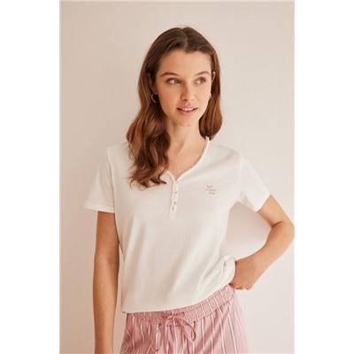 Pijama largo 100% algodón rosa rayas manga corta