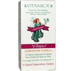 Vitanica, V-Fresh, вагинальная поддержка, 6 вагинальных суппозиториев