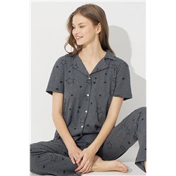 Siyah İnci Antrasit Kısa Kollu Pamuklu Düğmeli Pijama Takımı 7610