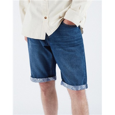 Printed Base Straight Fit Denim Shorts, Men, Dark Blue