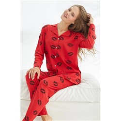 Siyah İnci kırmızı dudak desenli Pamuklu Düğmeli Pijama Takımı 7685