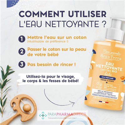 BeauTerra Bébé - Eau Nettoyante Certifié BIO - Non Parfumé - Visage & Corps 750 mL