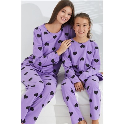 Siyah İnci lila kalp desenli Pamuklu Pijama Takımı 7693