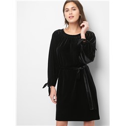 Velvet tie-sleeve scoopneck dress