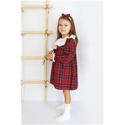 Parla Kids Kız Çocuk Kırmızı Kolej Ekose Uzun Kollu Dantel Detaylı Fırfırlı Yılbaşı Elbise Bandana Takım ELB-0089