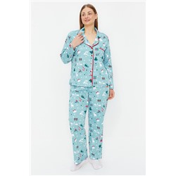 Trendyol Curve Turkuaz Yılbaşı Desenli Örme Pijama Takımı TBBAW24AI00042