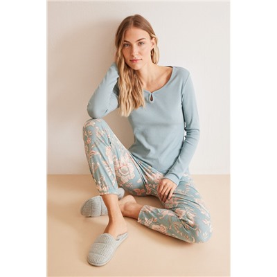 Pijama largo algodón azul flores
