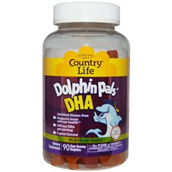Country Life, Dolphin Pals, ДГК (докозагексаеновая кислота), 3 отличных вкуса, 90 кислых жевательных дельфинчиков
