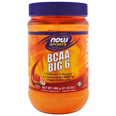 Now Foods, Спортивная добавка, BCAA Big 6, с натуральным вкусом арбуза, 21,16 унции (600 г)