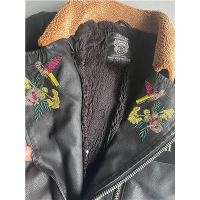 Детская теплая кожаная куртка-косуха с вышивкой на рукавах и лацканах  Экспорт