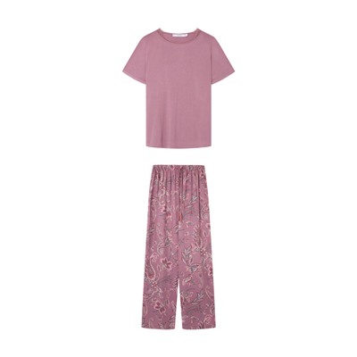 Pijama rosa manga corta pantalón largo flores viscosa satén