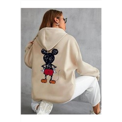 AFROGİYİM Kadın Oversize Kapşonlu Ön Arka Mickey Mouse Baskılı Sweatshirt Hoodie mickeys-1