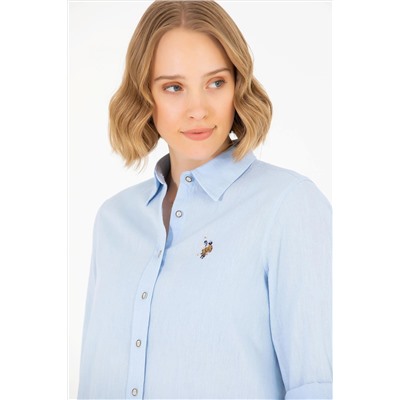 Kadın Açık Mavi Keten Görünümlü Uzun Kollu Basic Gömlek