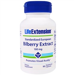 Life Extension, Стандартизованный в Европе экстракт черники, 100 мг, 90 вегетарианских капсул
