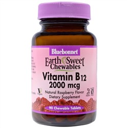Bluebonnet Nutrition, Жевательные таблетки «EarthSweet», витамин B12, натуральный вкус малины, 2000 мкг, 90 шт.